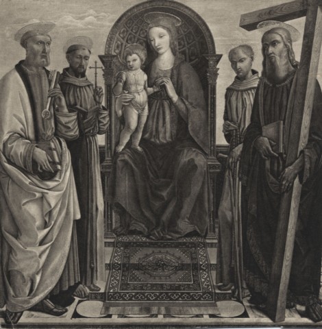 Anonimo — Mariotto di Andrea da Volterra - sec. XV - Madonna con Bambino in trono tra san Pietro, san Francesco d'Assisi, beato francescano e sant'Andrea — insieme